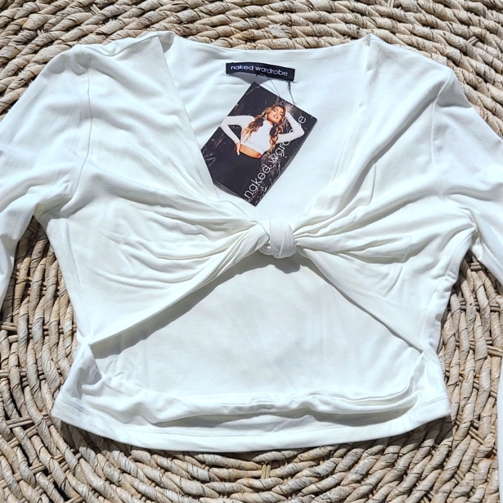 naked wardrobe White Long Sleeve Twist Front Crop Top - Picture 5 of 8